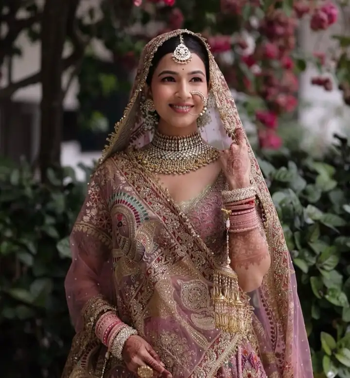 Smiling bride in a pink and gold lehenga