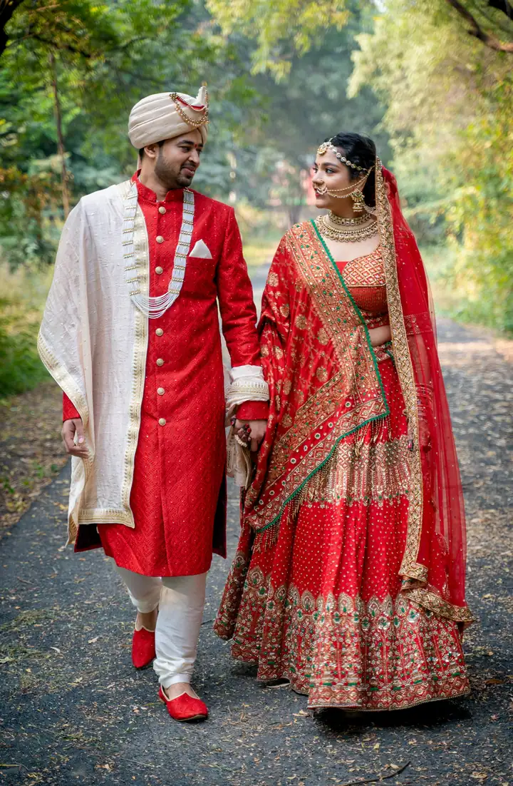 Bride and groom walking together