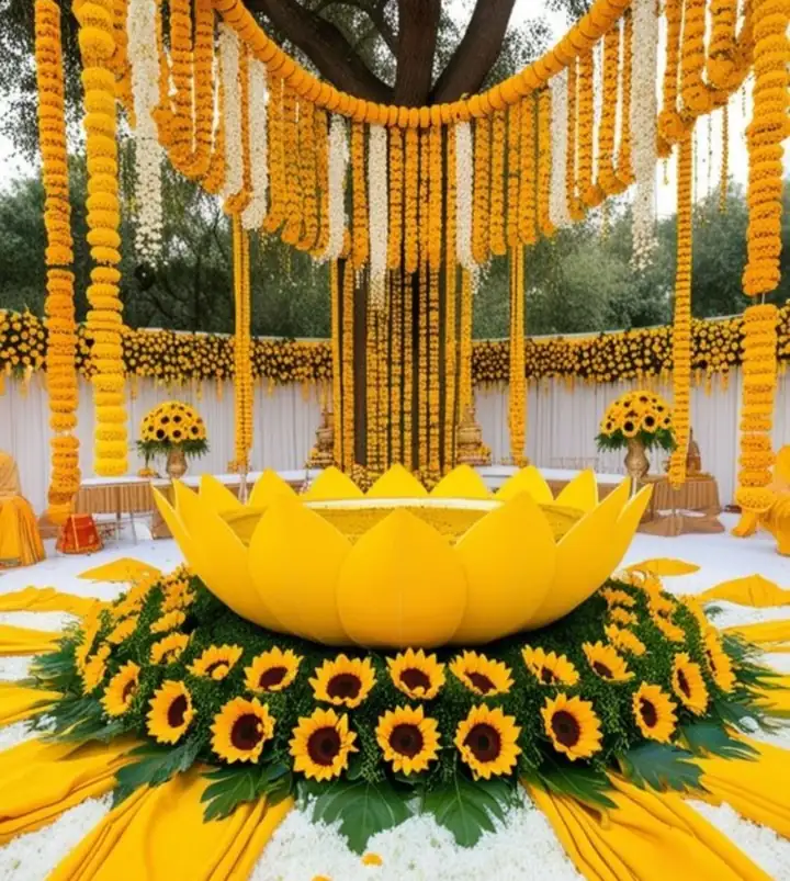 Haldi décor with marigold canopy and sunflower lotus